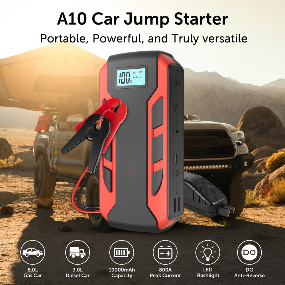 ALPHA DIGITAL Portable Car Jump Starter, 800A Peak 10000mAh (6.0L Gas Car or 3.0L Diesel Car), 12-Volt Ultra Safe Lithium Jump Starter Box