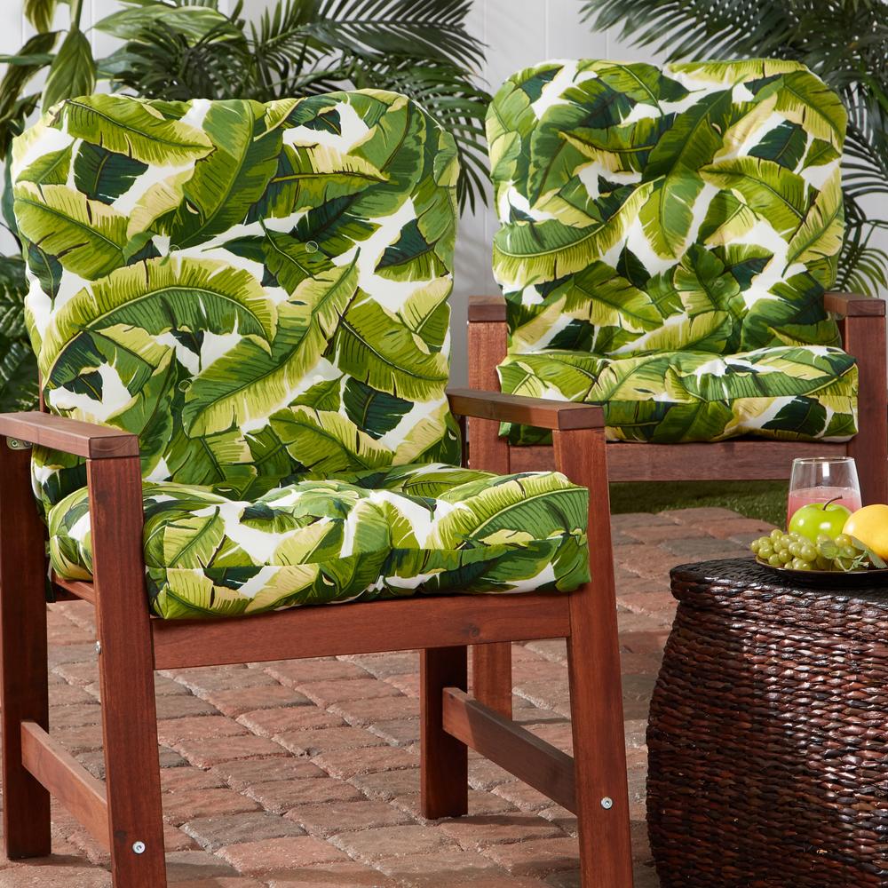 Greendale Home Fashions Outdoor Seat/Back Chair Cushion (Set of 2), Palm Leaves White