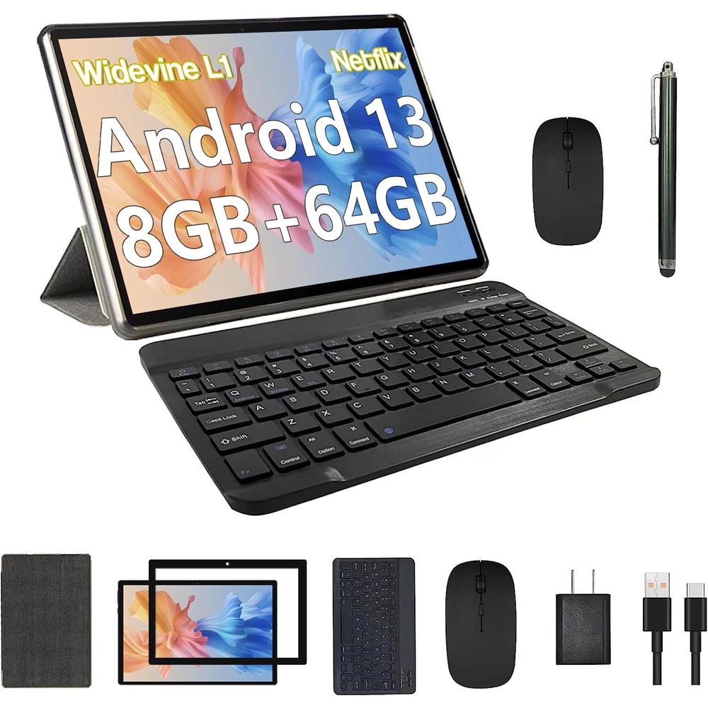 Great Choice Products 10.1 inch Android 13 Tablet with Keyboard, 2024 Newest 2 in 1 Tablet, 8GB+64GB Tablets with Case Mouse Stylus, 1.8GHz Quad