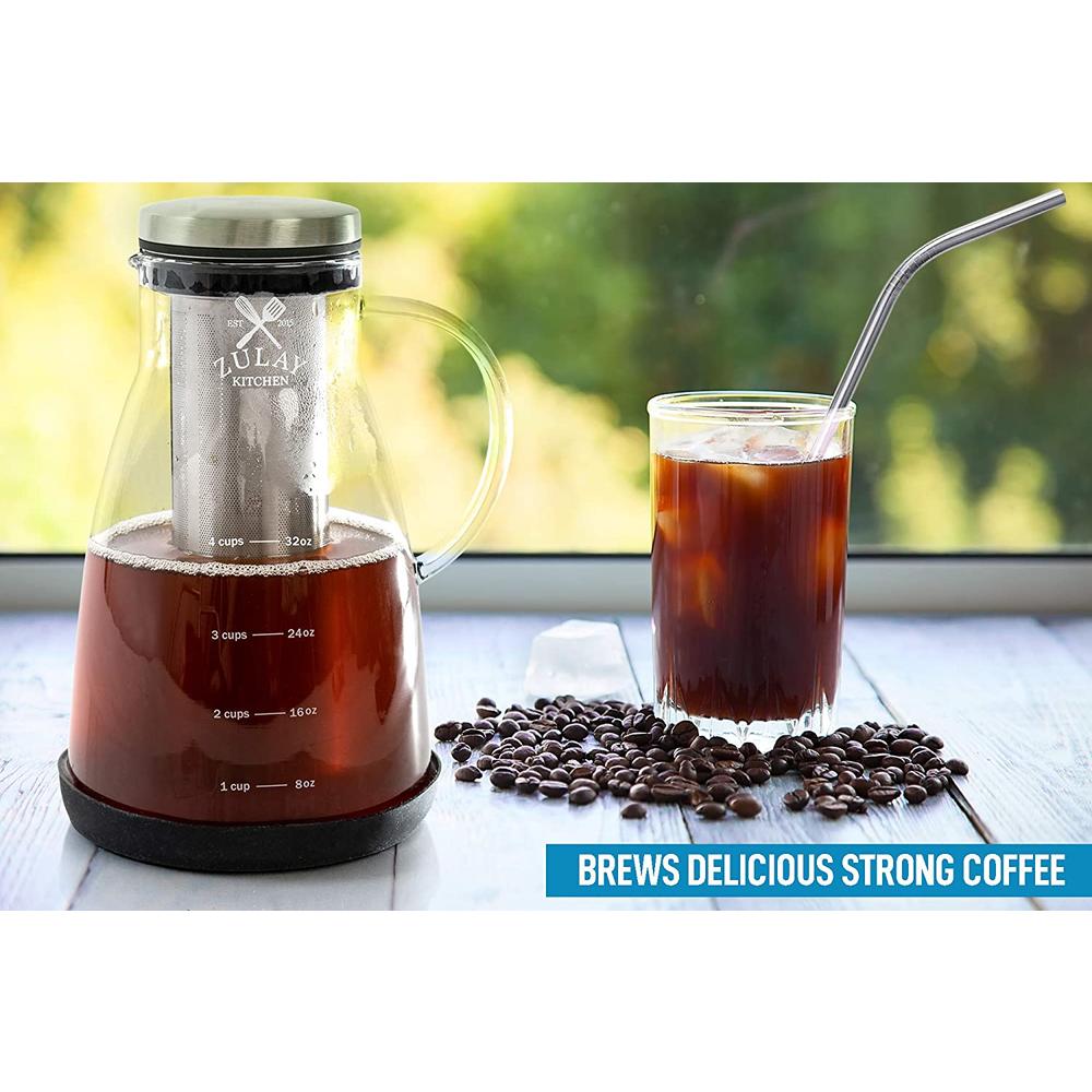 Zulay Kitchen Airtight Cold Brew Coffee Maker with EXTRA-THICK Glass Carafe Stainless Steel Mesh Filter and Non-Slip Silicone Base - 1 Liter