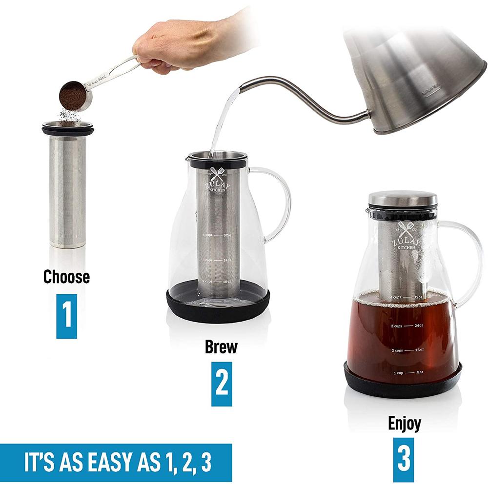 Zulay Kitchen Airtight Cold Brew Coffee Maker with EXTRA-THICK Glass Carafe Stainless Steel Mesh Filter and Non-Slip Silicone Base - 1 Liter