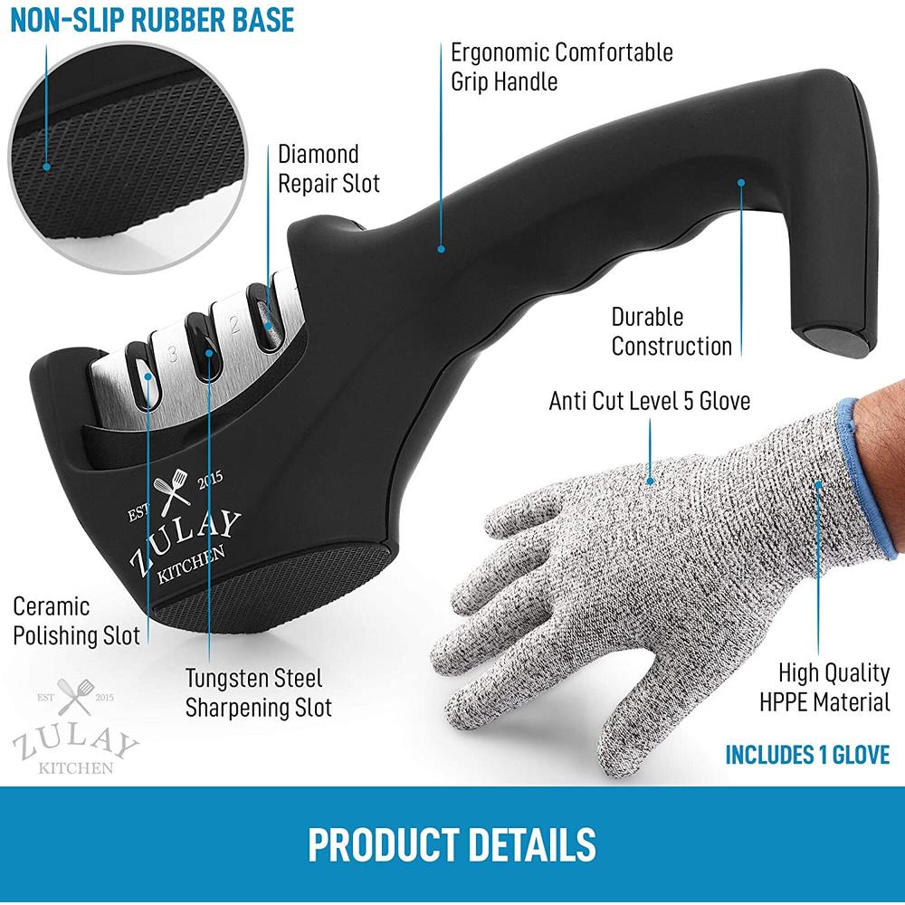 Zulay Kitchen 3 Stage Knife Sharpener & Cut-Resistant Glove