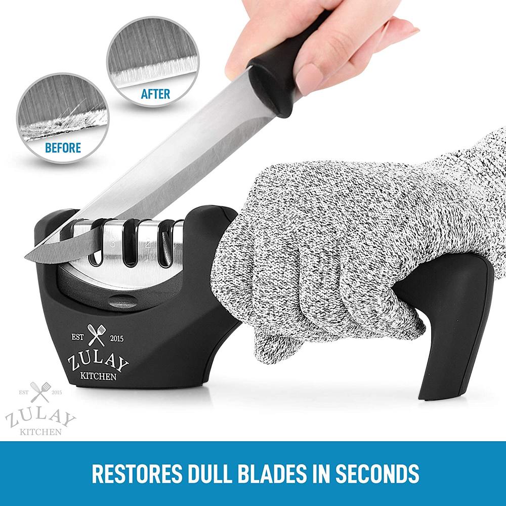Zulay Kitchen 3 Stage Knife Sharpener & Cut-Resistant Glove