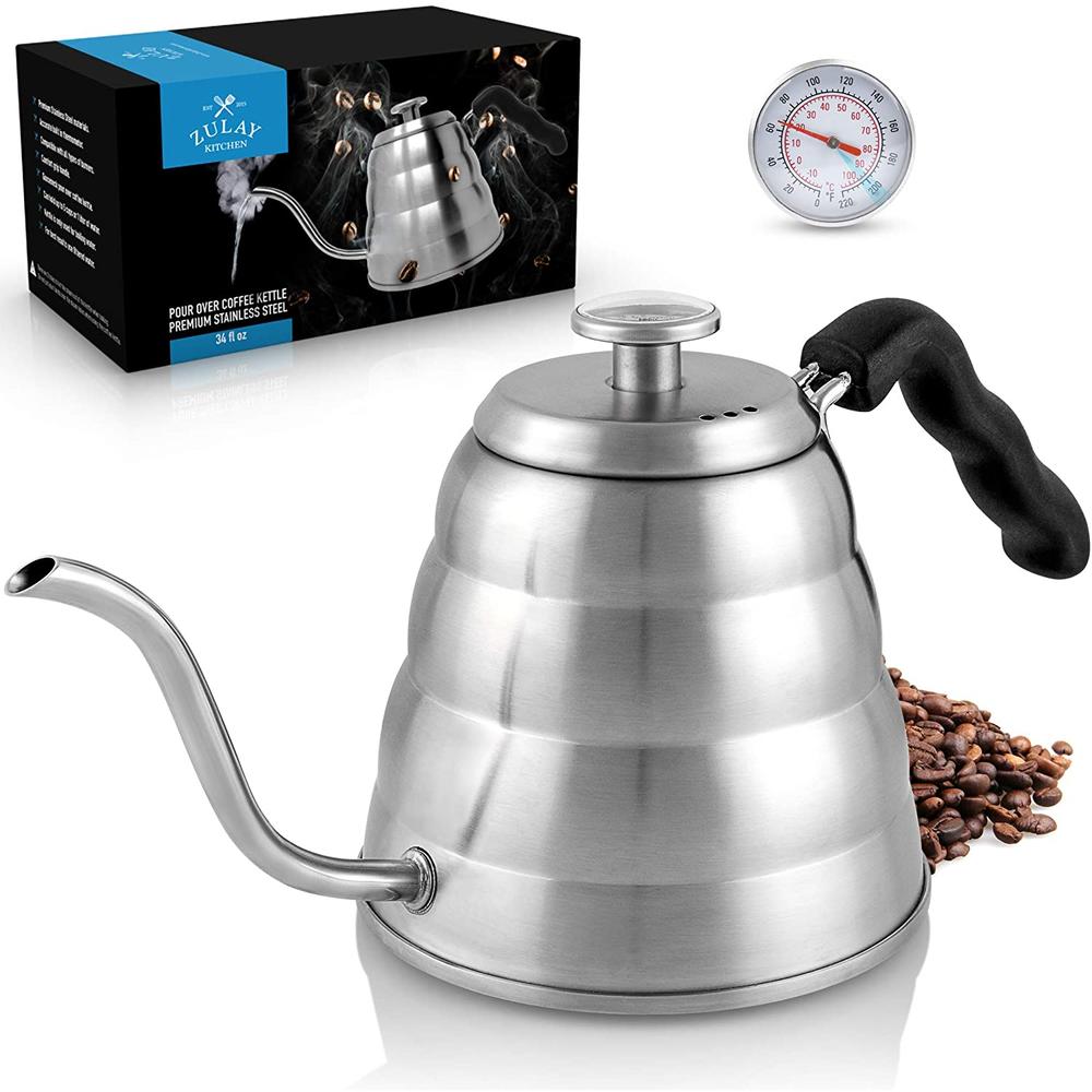 Zulay Kitchen Pour Over Kettle, 34 fl oz | 1 Liter - Top-Grade Stainless Steel Gooseneck Kettle with Built-In Thermometer