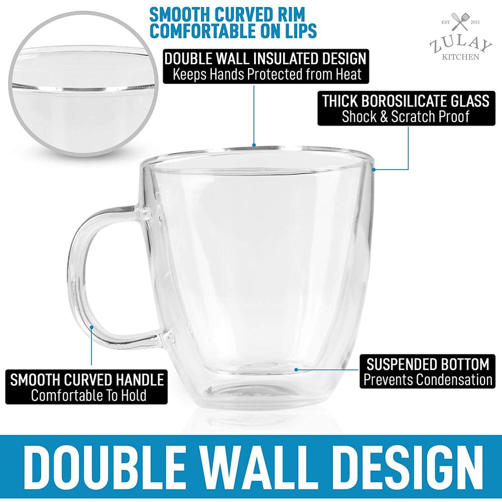 Zulay Kitchen Zulay 5.4oz Glass Espresso Cup Set of 2 - Double Wall Insulated Clear Coffee Mugs With Handle & Suspended Base Design