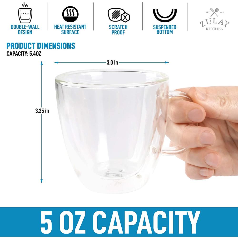 Zulay Kitchen Zulay 5.4oz Glass Espresso Cup Set of 2 - Double Wall Insulated Clear Coffee Mugs With Handle & Suspended Base Design
