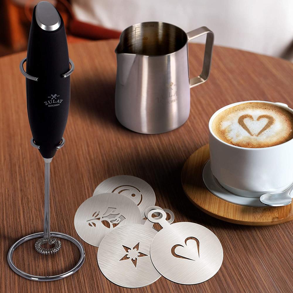 Zulay Kitchen Milk Frother Complete Set - Includes Frother, Coffee Decorating Stencils and Frothing Cup