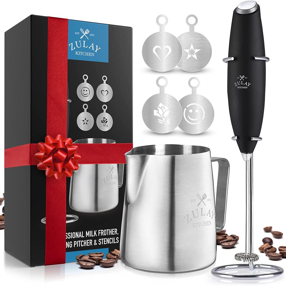 Zulay Kitchen Milk Frother Complete Set - Includes Frother, Coffee Decorating Stencils and Frothing Cup