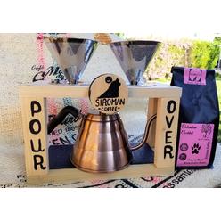 Siroman Coffee Pour Over Wooden Station with Stainless Still Filters and Kettle 40 oz, Handmade (2 hole) with Fresh Coffee bag 12oz
