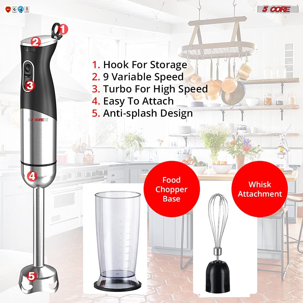 Immersion Hand Blender, iSiLER 5-in-1 500-Watt Multi-Purpose Stick Blender with 860ml Food Chopper, 600ml Container, Milk Frother, Egg Whisk, 8