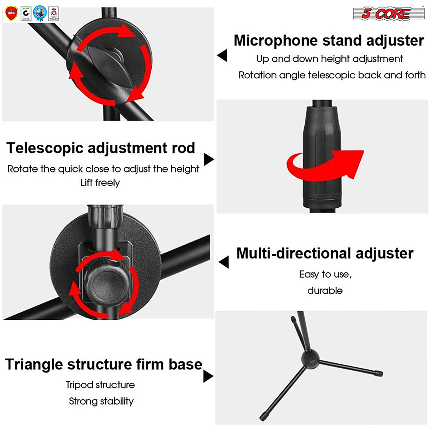 5 Core Mic Stand with Tablet and Phone Holder Adjustable Gooseneck Microphone Stand, Collapsible Tripod Boom Mic Stand