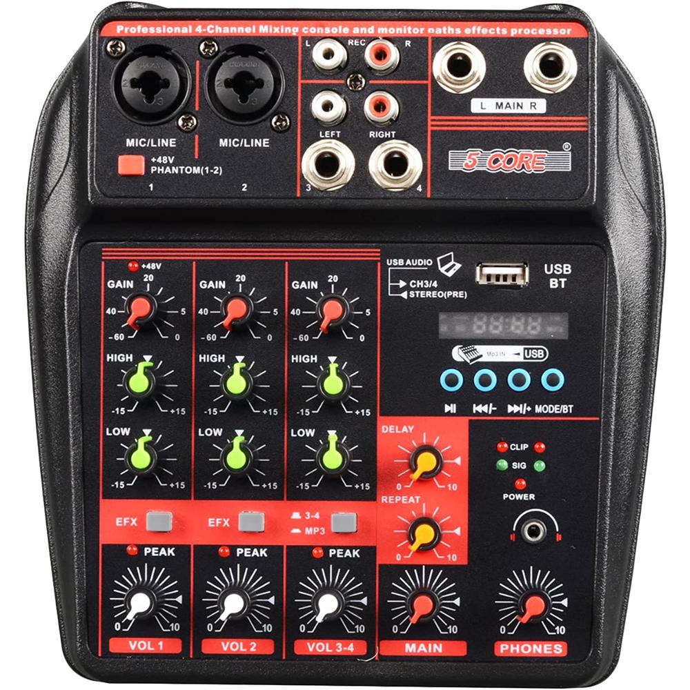 5 Core Audio Mixer Dj Mixer 4 Channel Sound Board w Built-in Effects & Usb Interface Bluetooth Karaoke Podcast Music Mixer -MX 4CH