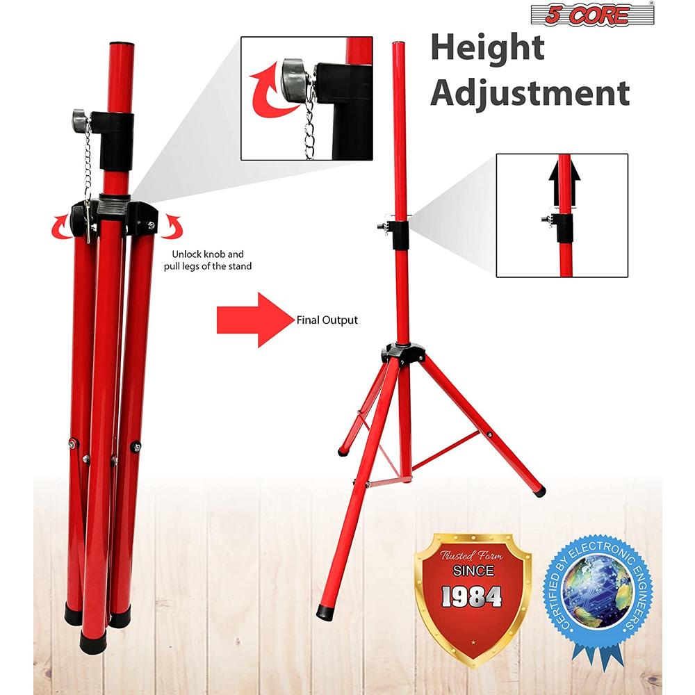 5 Core Professional Speaker Stand Tripod Adjustable Heavy Duty Durable Steel Portable on stage or in Studio SS HD 2 PK RED