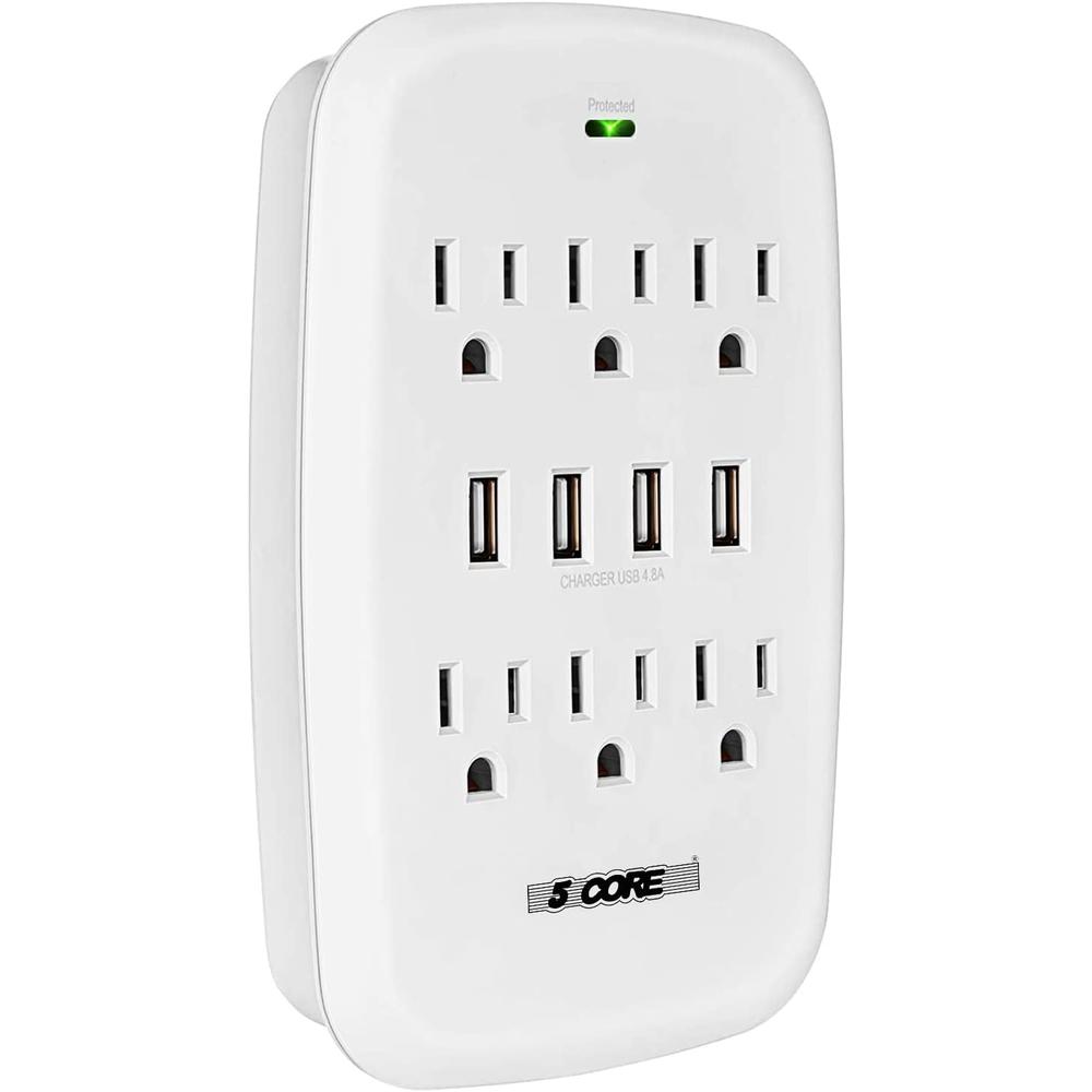 5 Core 6 Outlet Wall Plug Extender with 4 USB Ports (4.8A Total), Multi Plug Outlet Adapter Wall Surge Protector
