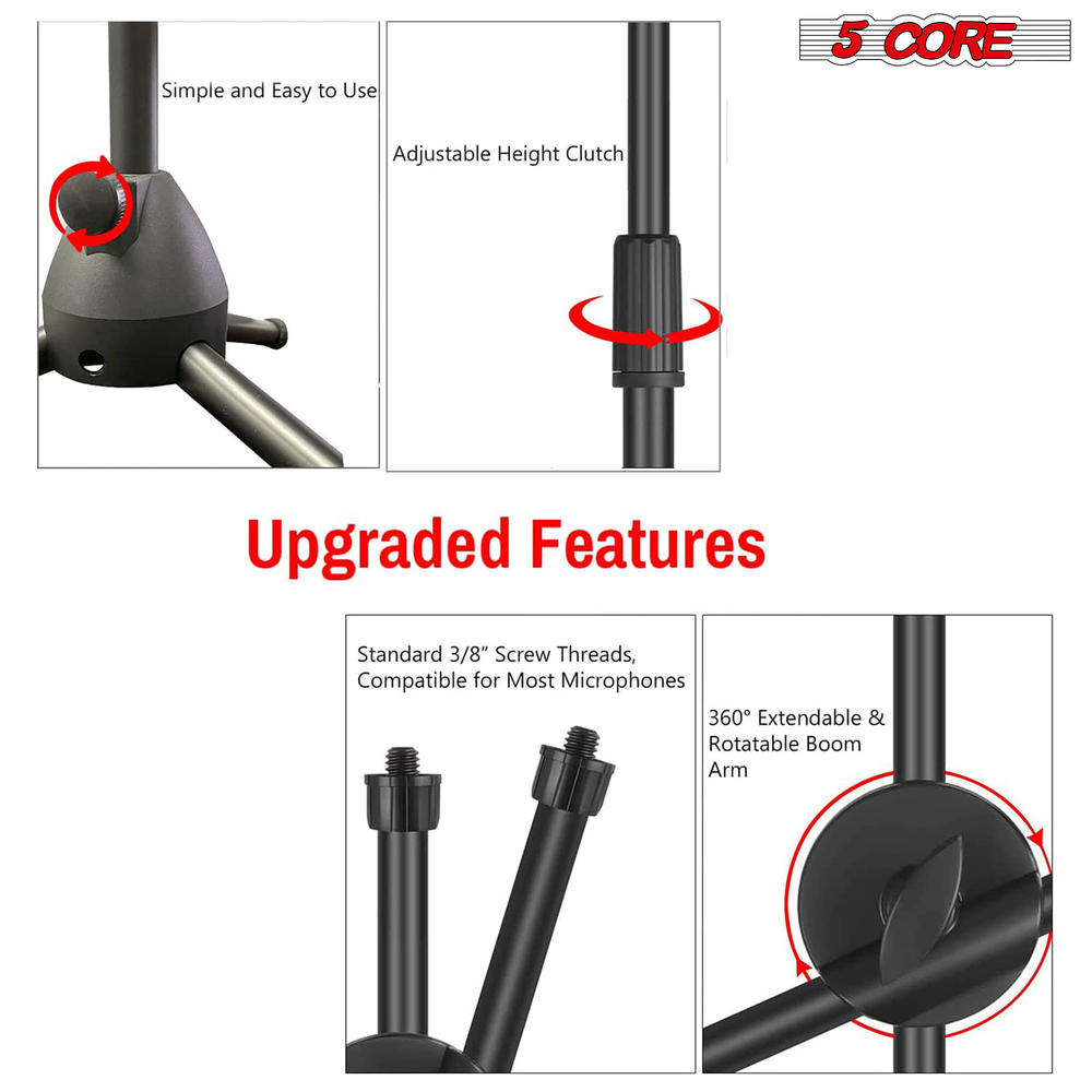 5 Core Dual Microphone Stand, Foldable Tripod Boom Mini Mic Stand On-Stage Stands Short Adjustable Mic Floor Stand