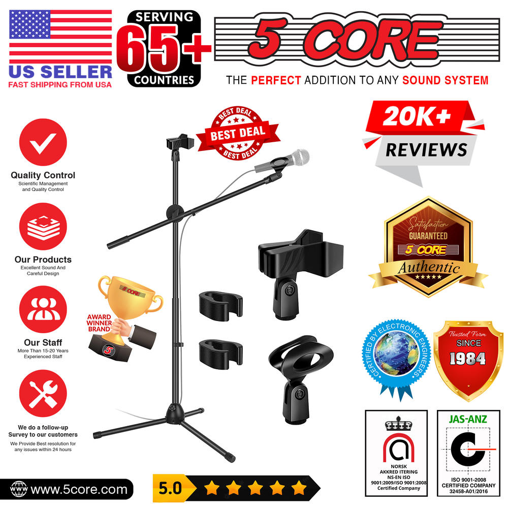 5 Core Dual Microphone Stand with (2) Mic, (2) Mic Clips/ Holder, and Detachable Boom Arm- MS DBL+ND58+ND57
