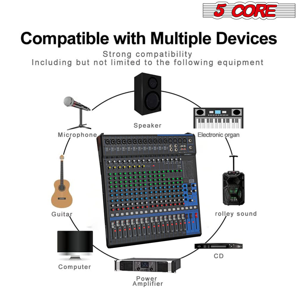 5 Core Audio Mixer DJ Equipment Digital Sound Board Karaoke XLR Mixers Professional 20 Channel 6-Bus USB Interface with Effects