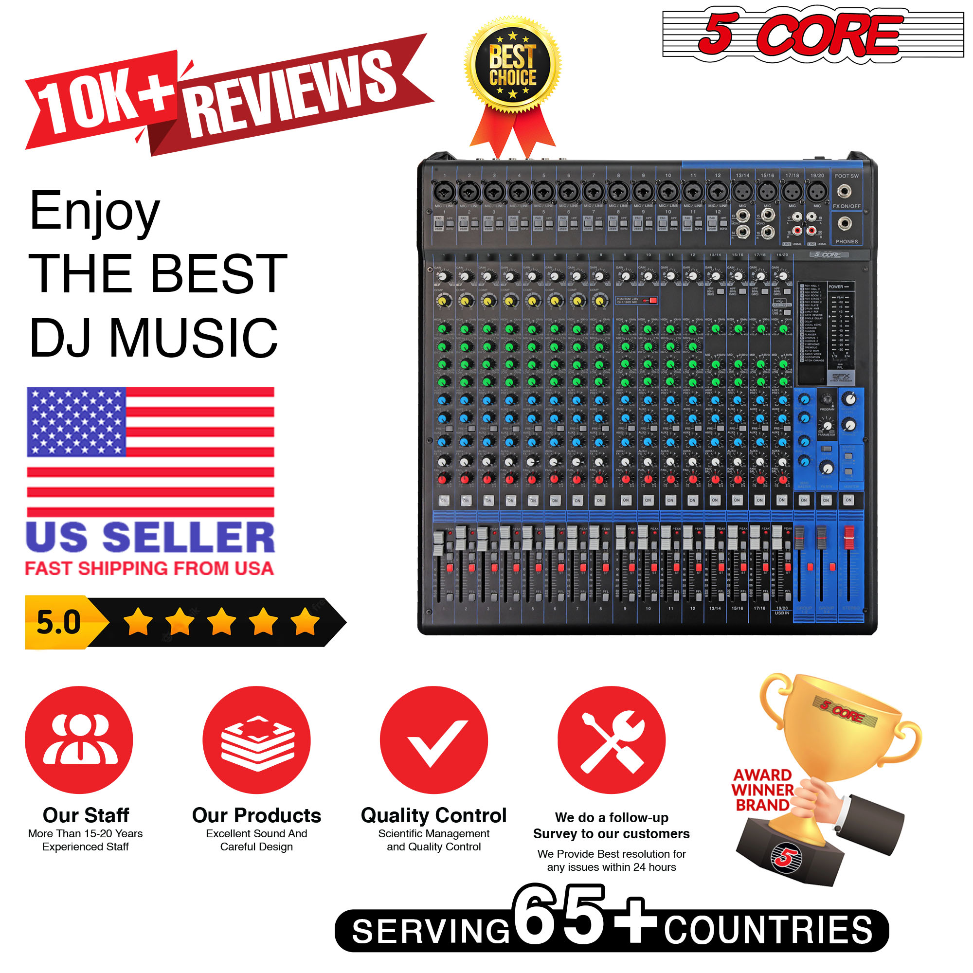 5 Core Audio Mixer DJ Equipment Digital Sound Board Karaoke XLR Mixers Professional 20 Channel 6-Bus USB Interface with Effects