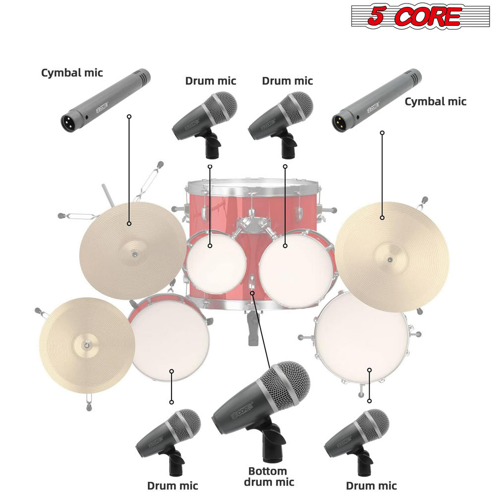 5 Core 7 Piece Drum Microphone Kit Wired Dynamic XLR Mics Kick Bass Tom