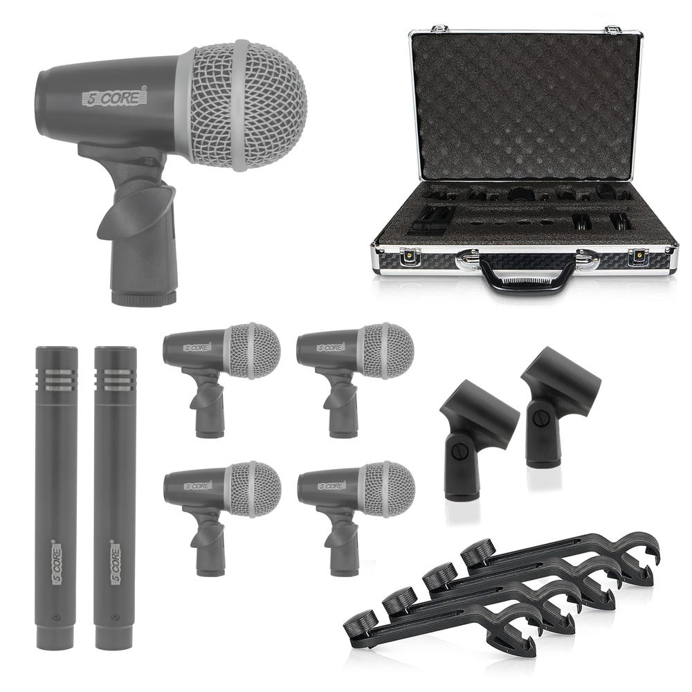 5 Core 7 Piece Drum Microphone Kit Wired Dynamic XLR Mics Kick Bass Tom ...