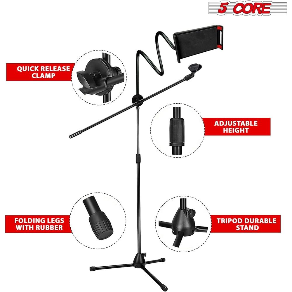 5 Core Mic Stand Tablet Phone Holder Adjustable Gooseneck Microphone Stand 4Pcs Collapsible Tripod Mic Clip Holder Phone Clamp MSMOB4PK
