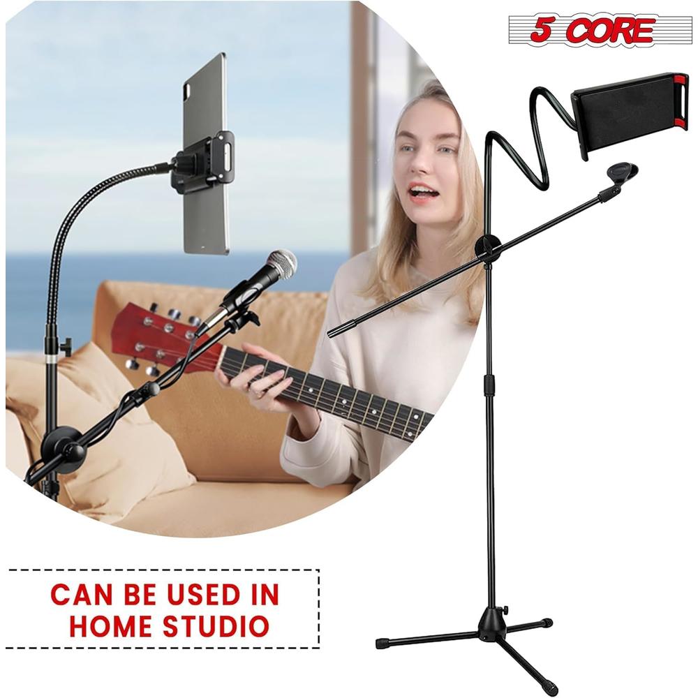 5 Core Mic Stand Tablet Phone Holder Adjustable Gooseneck Microphone Stand 4Pcs Collapsible Tripod Mic Clip Holder Phone Clamp MSMOB4PK