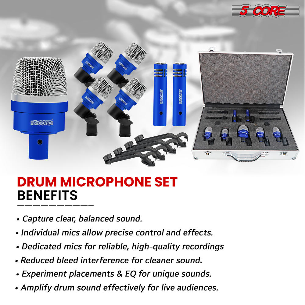 5 Core Drum Microphone Kit 7 Piece Wired Full Metal Dynamic Wired drums Mic Set for Drummers w
