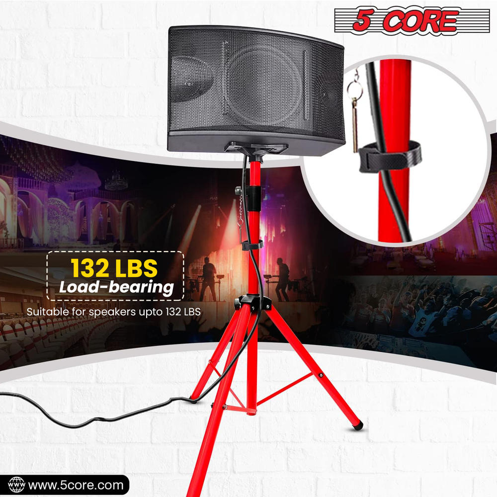 5 Core Professional Speaker Stand Tripod Adjustable Heavy Duty Durable Steel Portable on stage or in Studio SS HD 2 PK RED