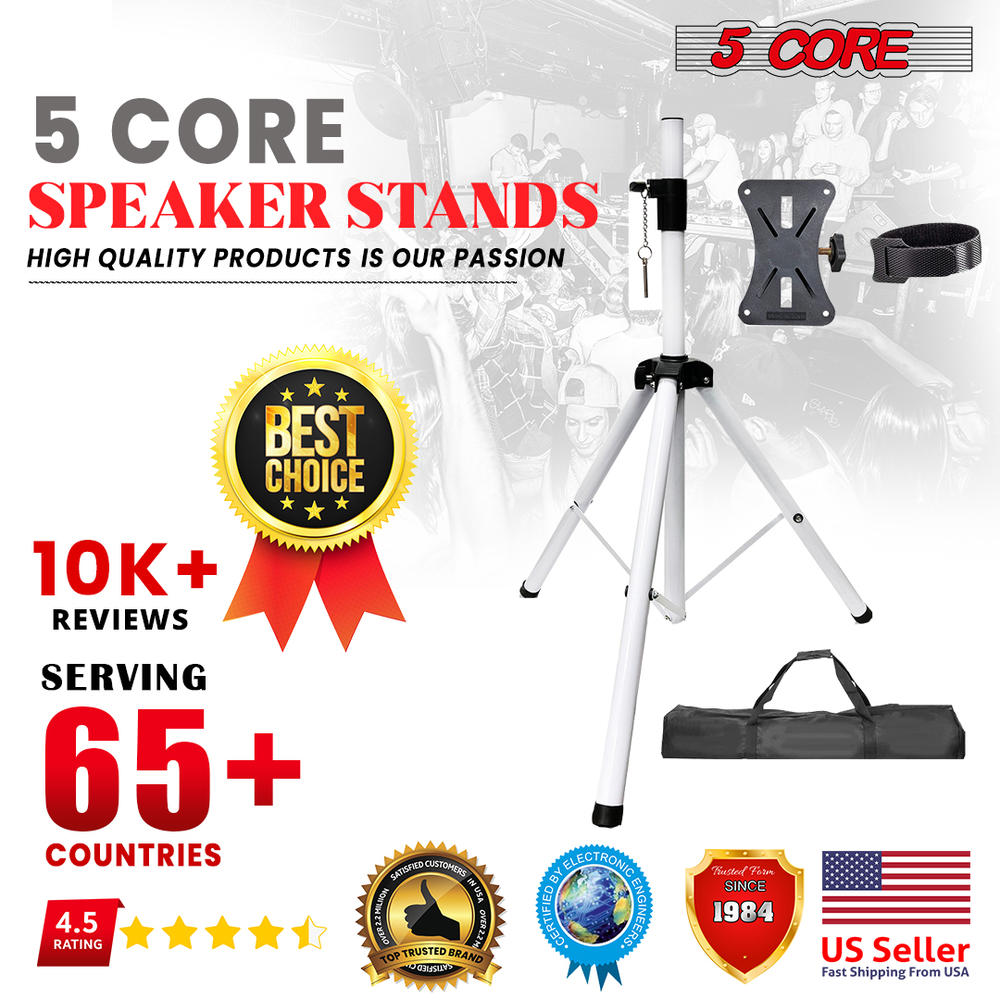 5 Core Professional Speaker Stand Tripod Adjustable Heavy Duty Durable Steel Portable on stage or in Studio SS HD 2 PK WH