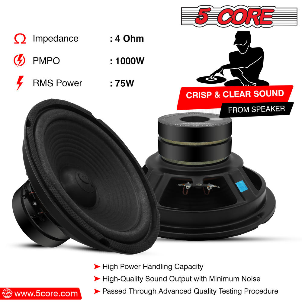 5 Core 10 inch Subwoofers 75W RMS Pro Audio Sub woofer Premium Replacement Subwoofer Speaker w Dual Magnet 1 " CCAW Copper Voice Coil