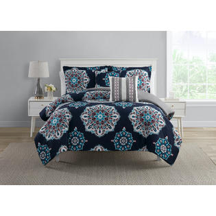 Mytex Sosa Navy Plum Teal Gray Medallion 5 Piece Comforter Set Full Queen