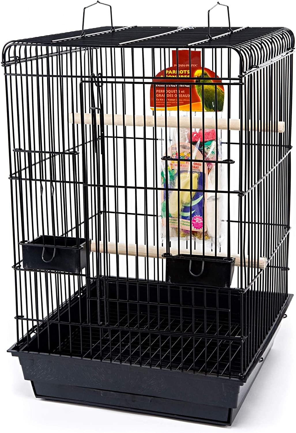Penn-Plax Conure & Small Parrot Starter Kit with Birdcage and Accessories – Square Dome – Black