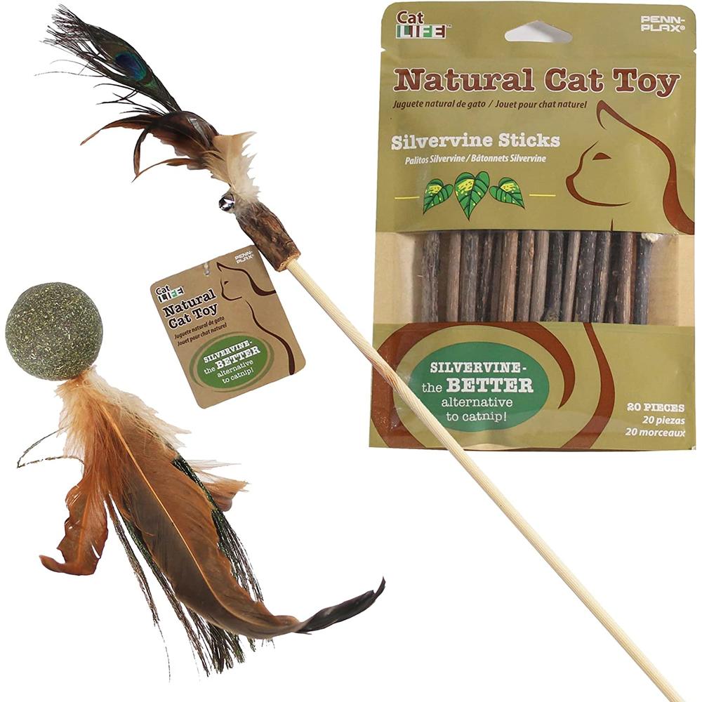 Penn-Plax Cat-Life Natural 3-Piece Toy Bundle for Cats – 1 Wand, 1 Pack of Silvervine Sticks, and 1 Birdie