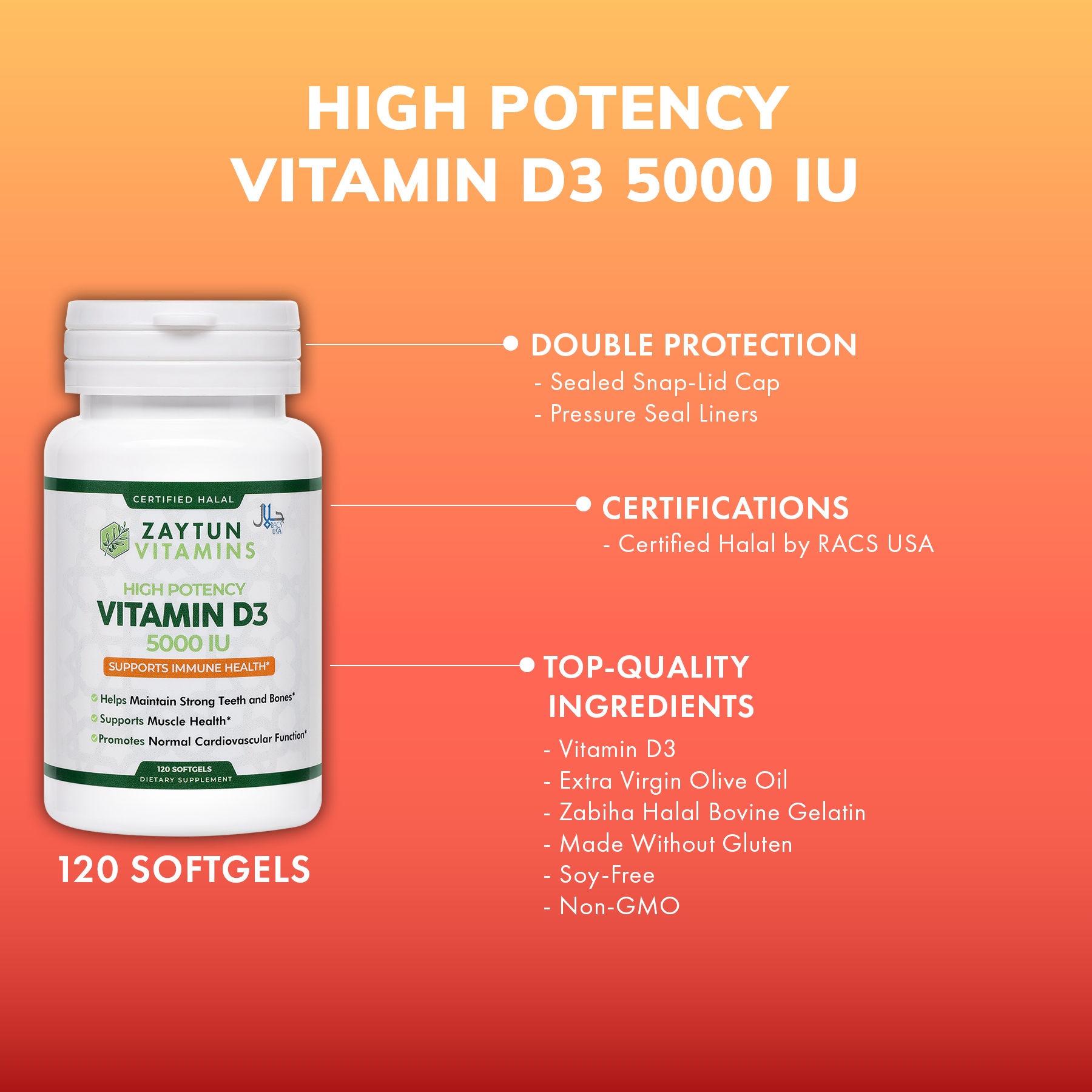 Zaytun Vitamins Halal Vitamin D3 5000 IU, Supports Bone Health and