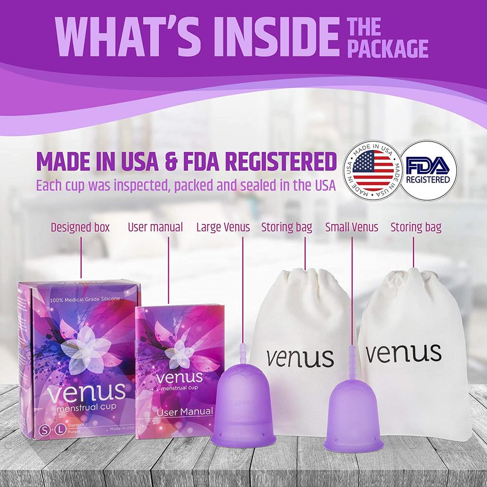 Venus Menstrual Cup Starter Kit for Beginners - FDA Registered & 100% Medical Grade Silicone – Made in USA – Sizes Small+Large