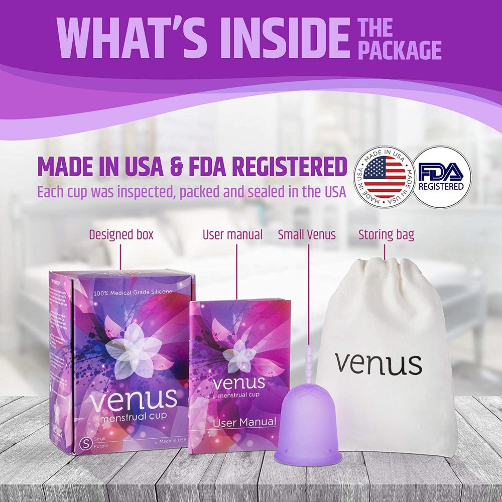 Venus Menstrual Cup – 100% Medical Grade Silicone Reusable Period Cup - Tampon Alternative – Made in USA – Size Small