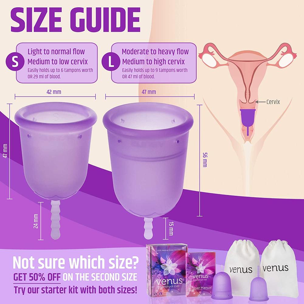 Venus Large Menstrual Cup – High Capacity for Heavy Flow – Made in USA – 100% Medical Grade Silicone Period Cup – for High Cervi