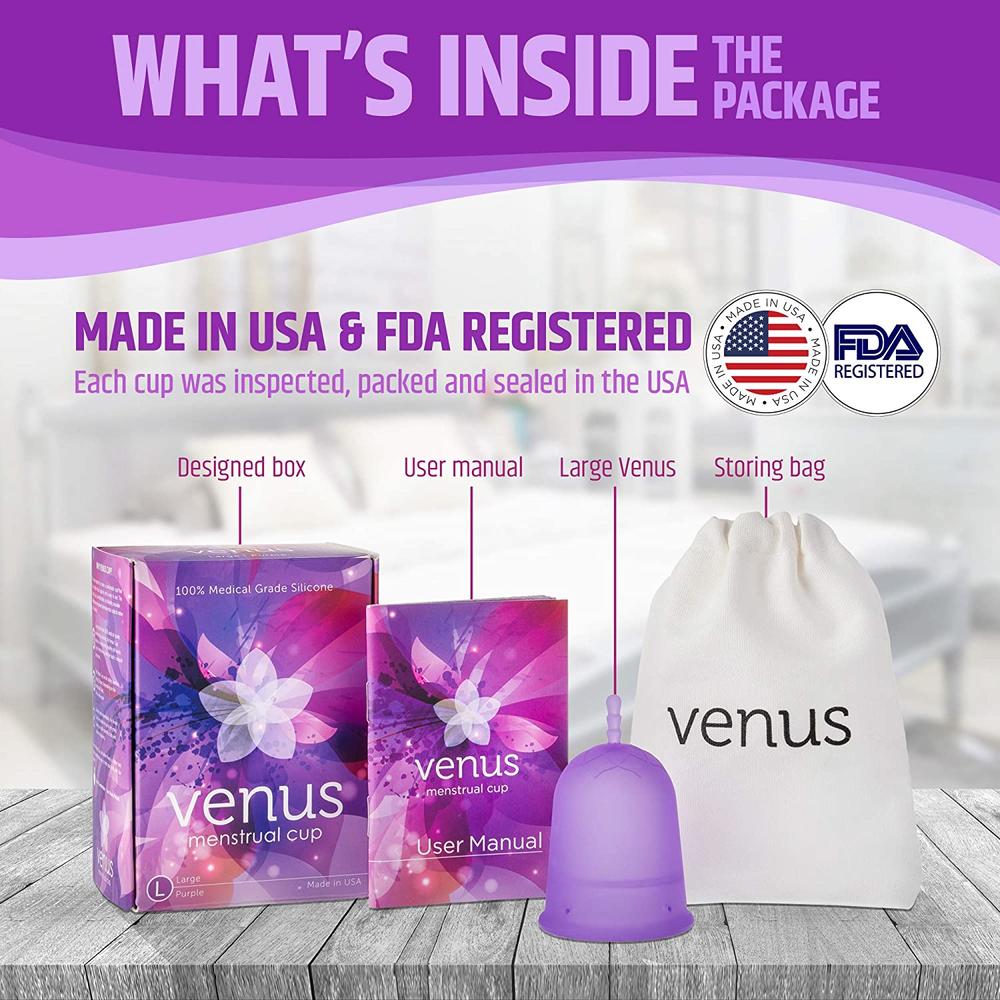 Venus Large Menstrual Cup – High Capacity for Heavy Flow – Made in USA – 100% Medical Grade Silicone Period Cup – for High Cervi