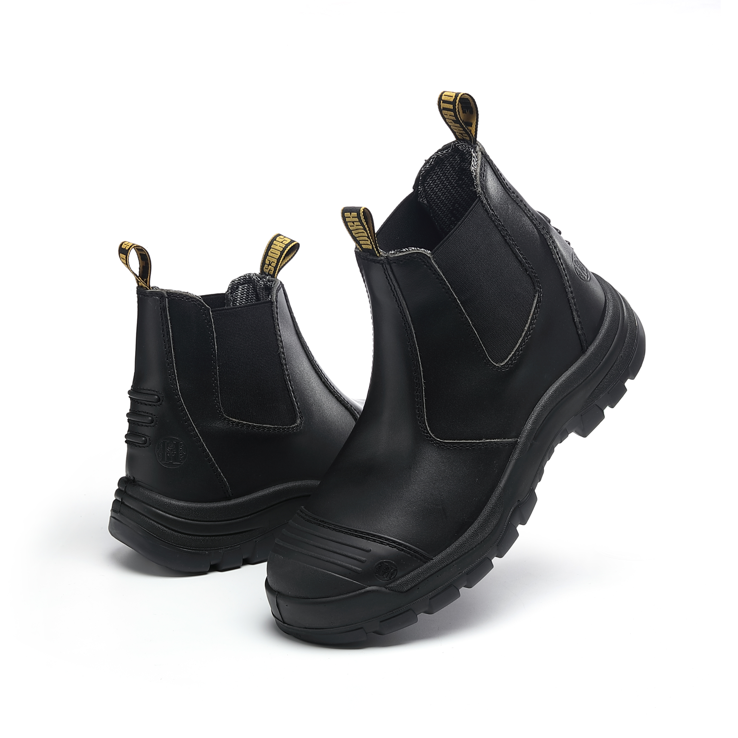 black leather pull on work boots