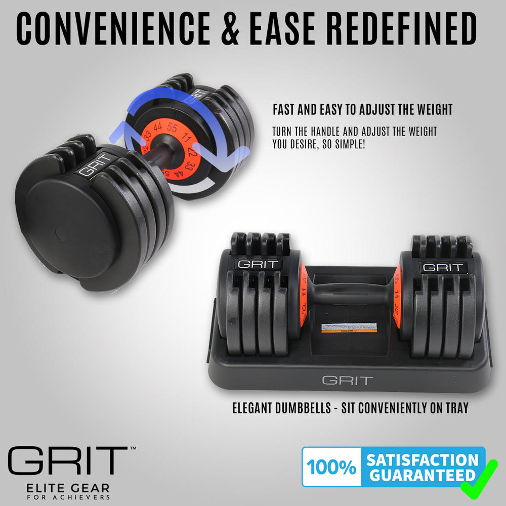 Grit Elite Gear GRIT Adjustable Dumbbells Set - 11 to 55 Lbs Fast Adjusting Dial Weights - Core Fitness - Easy Removable Plates, Tray 2 Pack