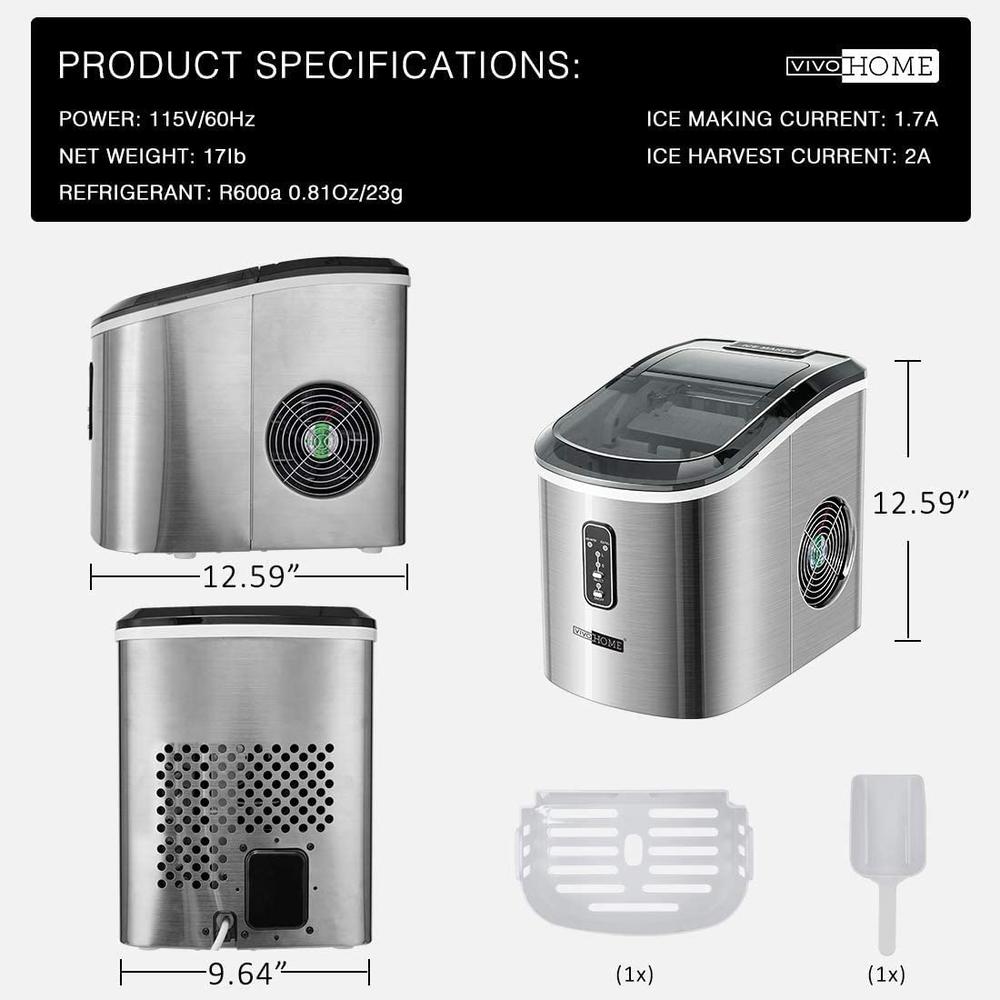 VIVOHOME Stainless Steel Electric Portable Compact Countertop Automatic Ice Cube Maker 26lbs/day Light Silver ETL Listed