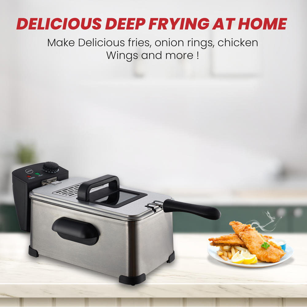 Lumme Deep Fryer Stainless Steel, Deep Fryer Cool Touch Handles On Housing, Basket included, Clear Vent, Adjustable Temp, Silver