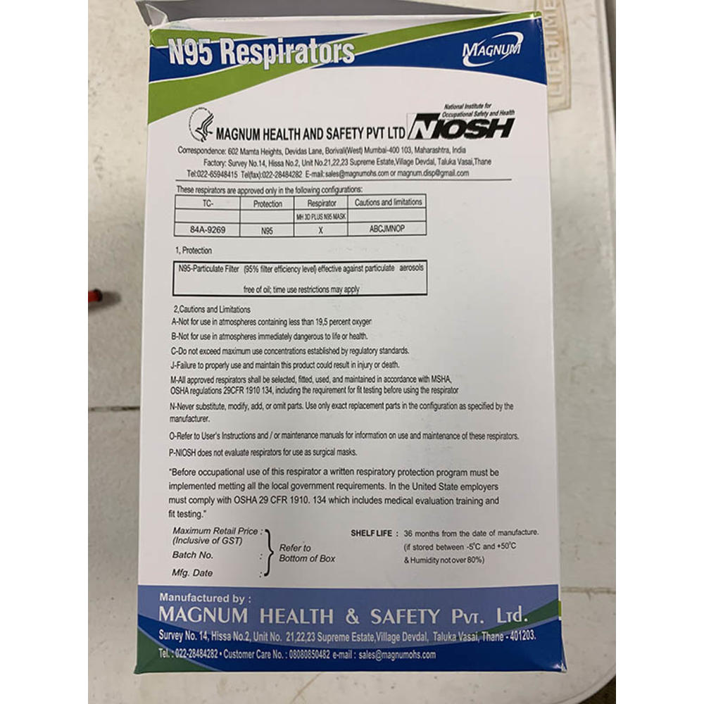 NIOSH Approved N95 Face Masks - 50/Box - Magnum MH3D Plus N95 ...