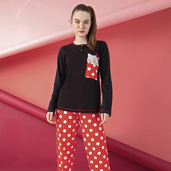 M.O.S Women?s Junior Cotton Pajama Set 2-piece Cute Printed Spots Cat Long Sleeve Long Pants Sleepwear Pj Set