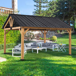 EAGLE PEAK 13x11 Cedar Frame Hardtop Gazebo, Natural Wood Outdoor Pavilion with Black Powder Coated Steel Gable Roof