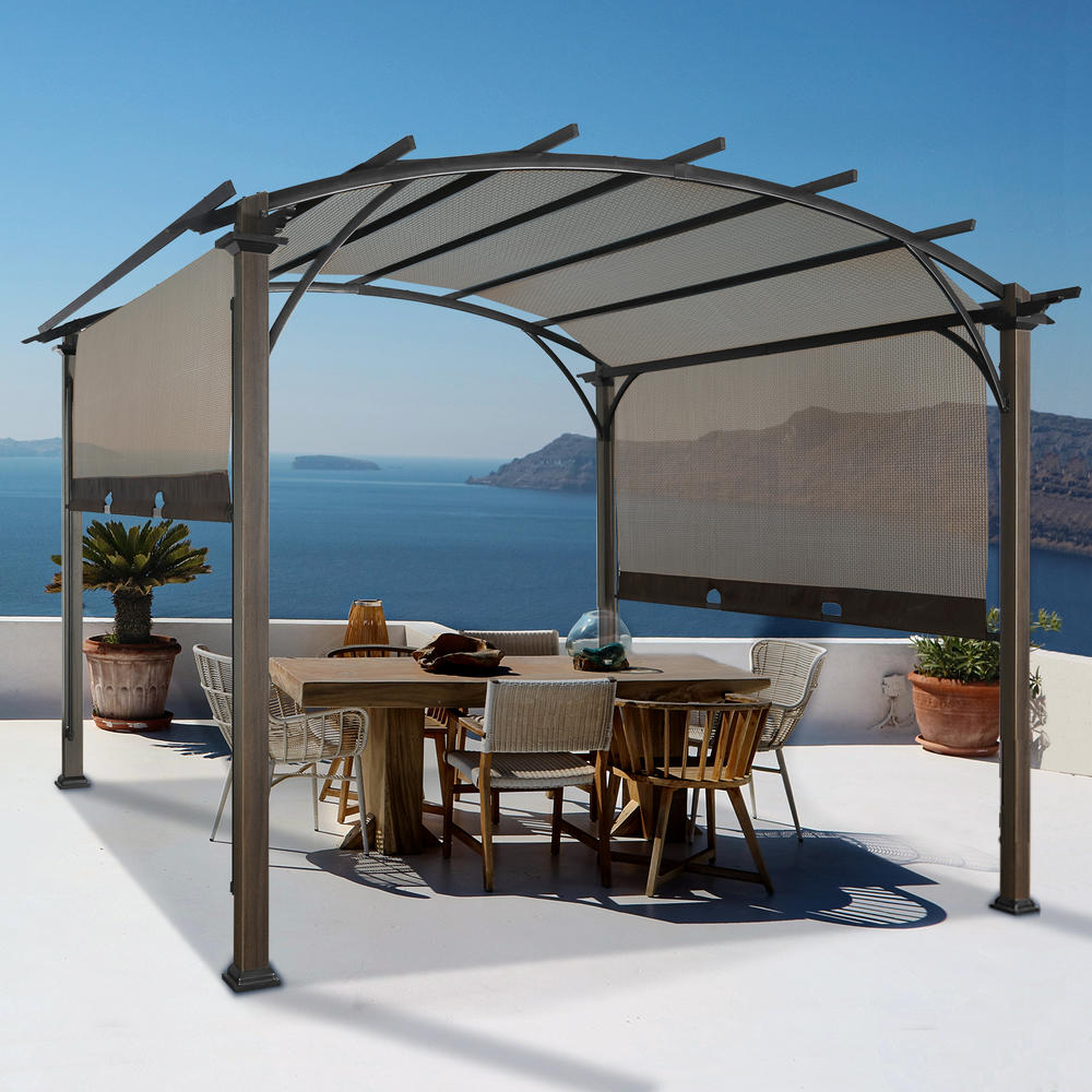 EAGLE PEAK 11.4' x 11.4' Outdoor Pergola with Retractable Textilene Sun Shade Canopy, Wood Looking Steel Frame Arch Patio Gazebo