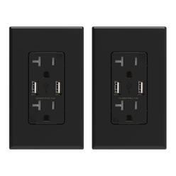 ELEGRP (2 Pack, Black,)  4.0 Amp Type A USB Outlet, 20A Tamper Resistant Receptacle Plug, Wall Plate Included, UL Listed