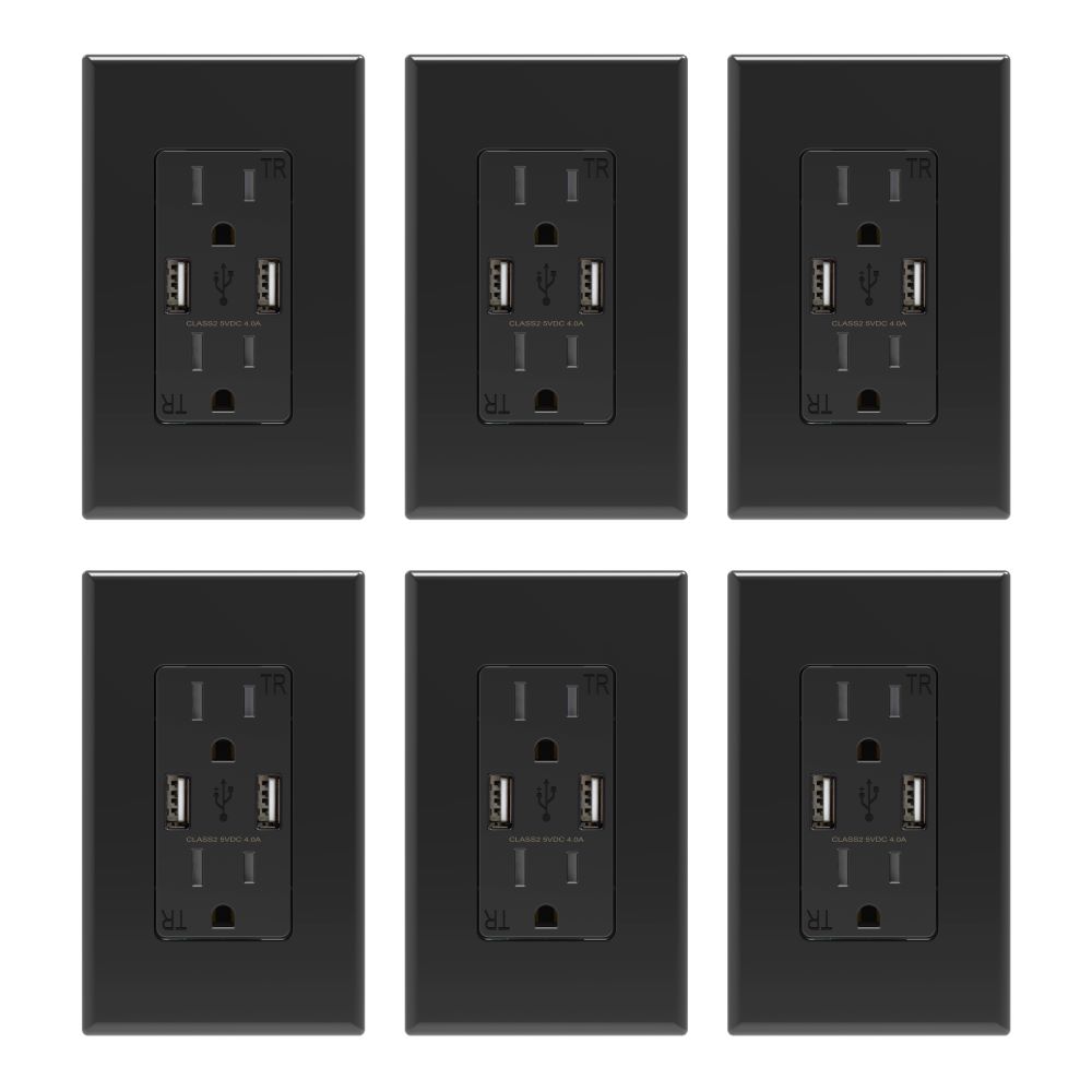 ELEGRP （6 Pack, Black）4.0 Amp Type A USB Outlet, 15 Amp Duplex Tamper Resistant Receptacle Plug,  Wall Plate Included, UL Listed