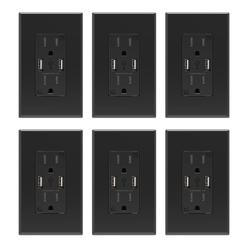 ELEGRP ?6 Pack, Black?4.0 Amp Type A USB Outlet, 15 Amp Duplex Tamper Resistant Receptacle Plug,  Wall Plate Included, UL Listed