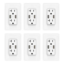 ELEGRP (6 Pack, White) 4.0 Amp Type A USB Outlet, 20 Amp Duplex Tamper Resistant Receptacle Plug, Wall Plate Included, UL Listed
